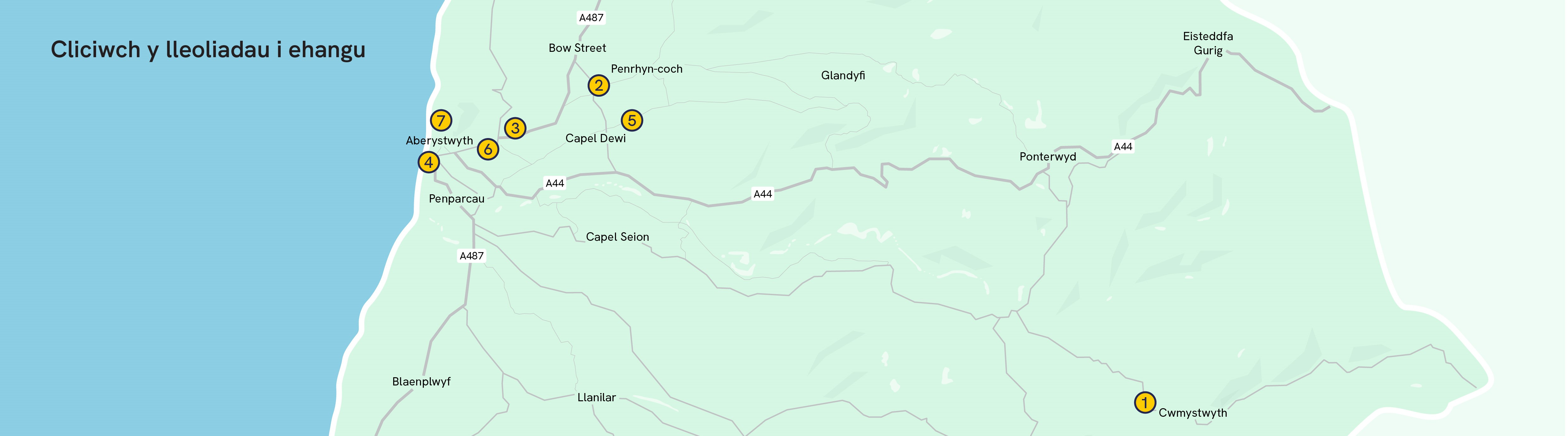 Map o ganolbarth Cymru - Lleoliadau'r Ganolfan Sbectrwm